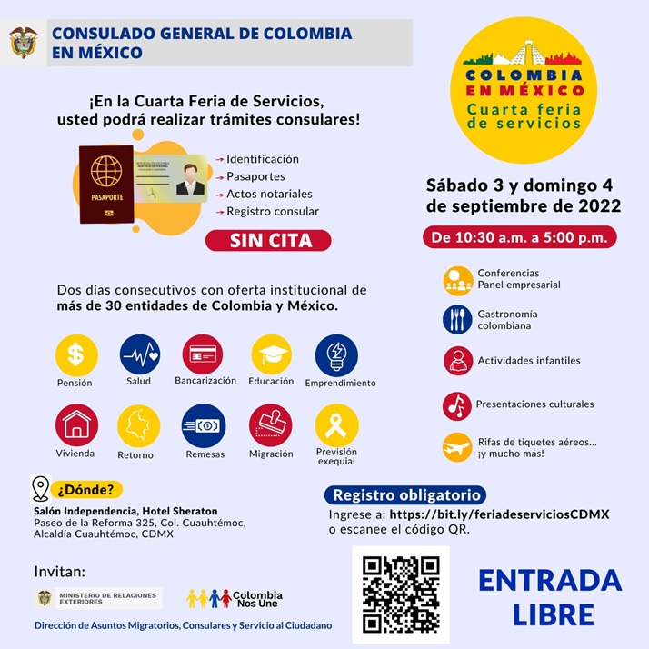 Embajada de Colombia en México invita este sábado 3 y domingo 4 de septiembre a la IV Feria de Servicios